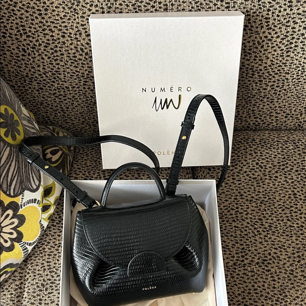 Polene Numéro Un Nano Crocodile Textured Black Leather Crossbody Bag - Picture 2 of 9